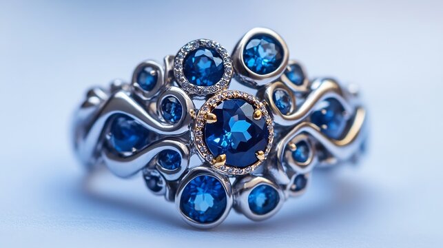 Elegant sapphire and blue topaz jewelry ring on reflective surface, luxury gemstone accessory, fine jewelry close-up