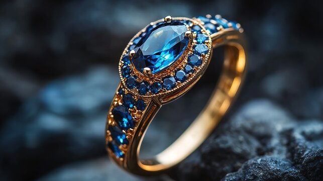 Elegant sapphire and blue topaz jewelry ring on reflective surface, luxury gemstone accessory, fine jewelry close-up