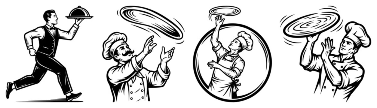 Vintage restaurant staff illustrations with waiter and pizza chefs