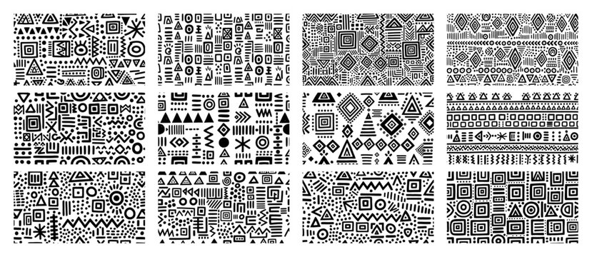 collection of black and white ethnic tribal geometric seamless patterns