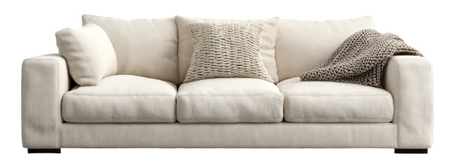Cozy Beige Sofa with Decorative Pillow and Knitted Throw for Living Room