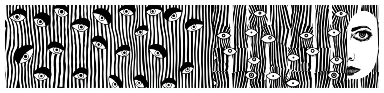 Abstract texture background with vertical wavy lines and many staring human eyes