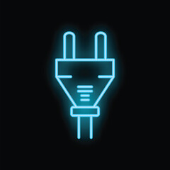Obraz premium Blue neon sign of a standard two prong electric plug glowing brightly against a black background