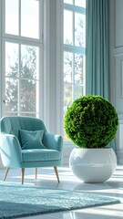Bright room with window, chair, plant, rug, and curtains