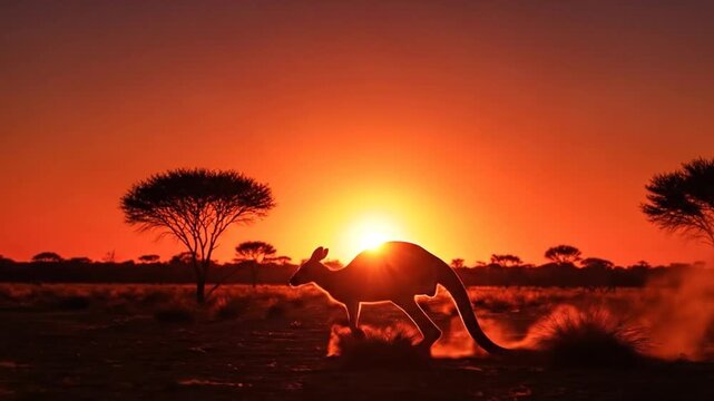 Kangaroo silhouette jumping at sunset in the Australian outback