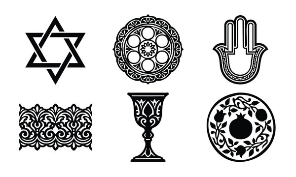 Jewish cultural symbols and ornaments set bundle passover silhouette