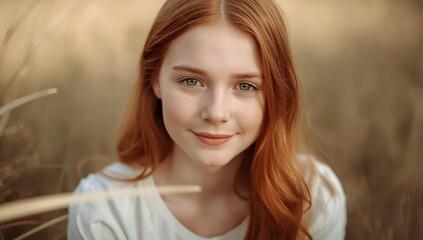 Fototapeta premium Calm young girl with red hair gazing at the camera against a plain grass backdrop.jpeg
