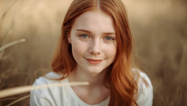 Calm young girl with red hair gazing at the camera against a plain grass backdrop.jpeg