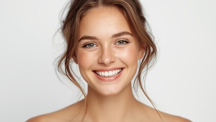 Fototapeta premium Image of a joyful young Caucasian woman alone against a white backdrop.jpeg
