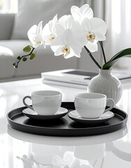 Elegant interior with orchids, cups, tray, and soft gray tones