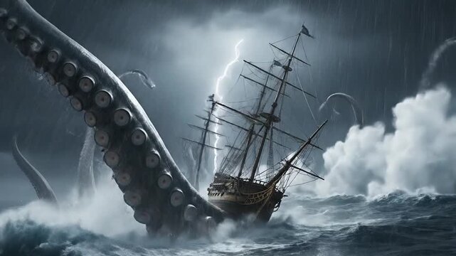 Kraken tentacle attacks sailing ship in a dark stormy ocean