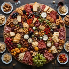 enormous round charcuterie board with cheese meats fruits and wine on table