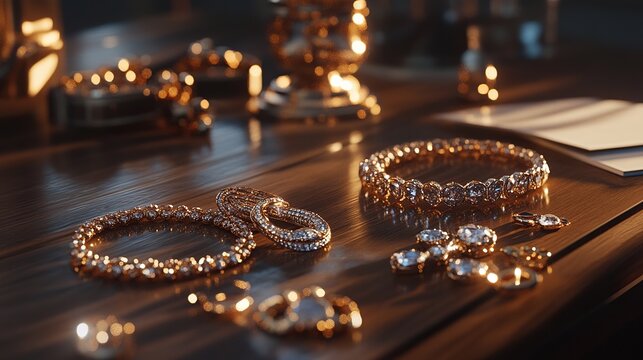 Luxury jewelry display on elegant table with sparkling precious gems and intricate design