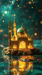 Golden mosque model glows against a teal backdrop with sparkling lights