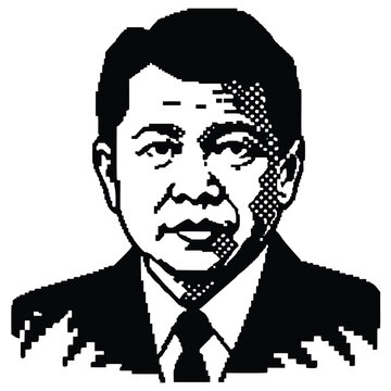Pixel Art 1-Bit Mature Asian Man Face Portrait for Game NPC