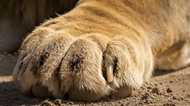 Lion paw close-up showing dirty pads and retracted claws