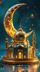 Golden mosque model in front of a crescent moon, against a teal backdrop