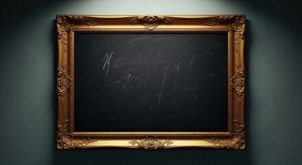 Ornate golden frame surrounding blank dark chalkboard on dim wall