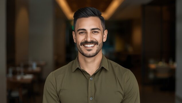 cut and facial hair stands in a cafe, confidently facing the camera in an olive shirt.jpeg