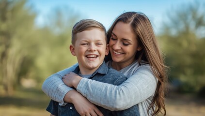 Naklejka premium image of a mother embracing her adult son with Down syndrome, representing motherhood.jpeg