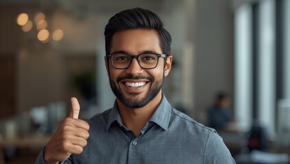 Obraz premium ng businessman in a casual shirt, beard, and glasses giving a thumbs up in his office.jpeg
