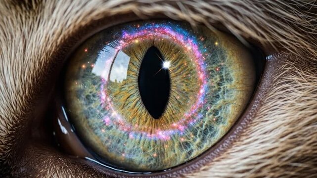 Macro close up of cat eye showing galaxy reflection