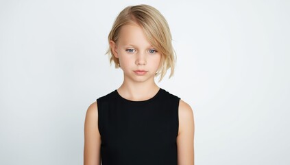 Obraz premium portrait of a girl with short blonde hair in a black dress against a white background.jpeg