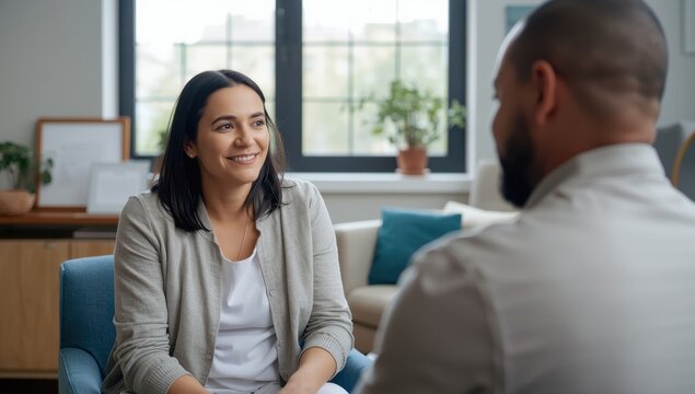 rapist consulting a male patient in her office, focusing on mental health and healing.jpeg