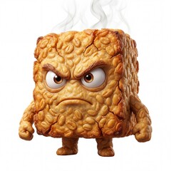 A 3D character made from square pieces of fried tempeh (tempe goreng) on a white background.