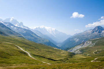 Fototapeta premium Sweeping view of the Chamonix valley featuring winding dirt paths through green alpine meadows, with the snow-capped Mont Blanc massif rising in the distance under a clear blue sky.