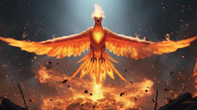Phoenix bird rising from a pile of ash and fire