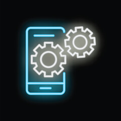 Obraz premium Neon icon of smartphone showing working gears symbolizing app development process