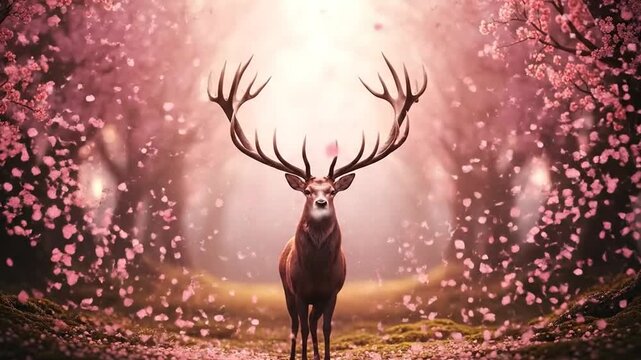 Stag with Cherry Blossom Antlers and Falling Petals