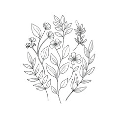 Floral line art illustration with flowers and leaves, minimalist vector drawing