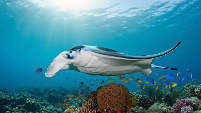 Manta Ray Gliding Over Coral Reef Underwater with Sun Rays