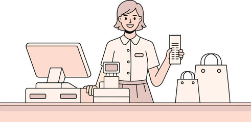 Smiling woman holding receipt standing behind cash register with shopping bags cashier