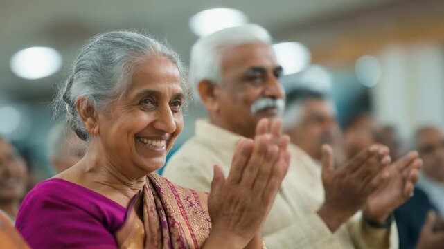 Happy senior Indian woman in pink sari claps enthusiastically with palms together. Elderly Indian man beside her applauds joyfully.