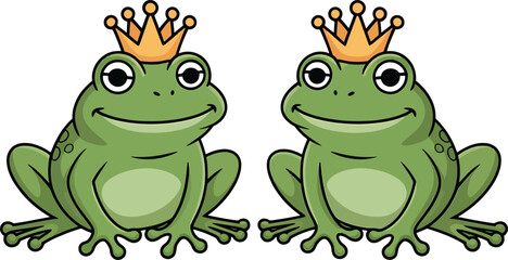 Naklejka premium Two green cartoon frogs wearing orange crowns