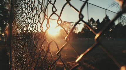 Golden Hour Sunlight Through Chain Link Fence Illuminating Field and Trees Creating Warm Cinematic Atmosphere and Textured Foreground with Soft Focus Background