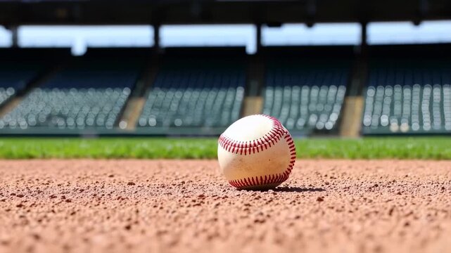 A baseball rests on the infield dirt, with a stadium seating area blurred in background