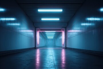 Illuminated Cyan Corridor with Pink Accents in a Futuristic Setting with Dim Lighting and a Textured Concrete Floor Featuring Abstract Light Patterns and Architectural Details
