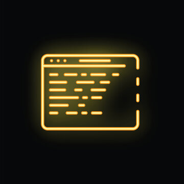 Glowing neon yellow icon of programming code in a browser window, on a black background