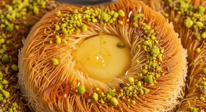 Golden Kunafa dessert drizzled with sweet syrup and pistachios