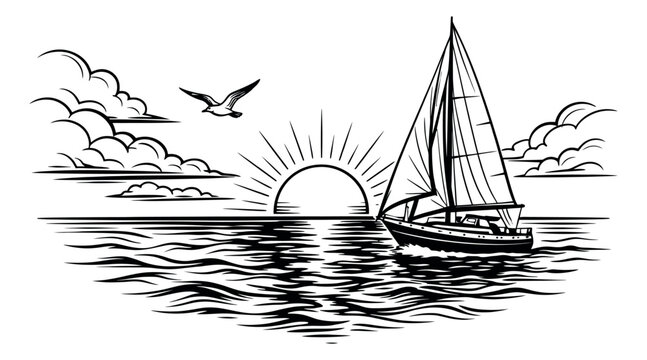 Line art illustration of a sailboat depicting a sunrise over the ocean with a flying seagull for nautical themes