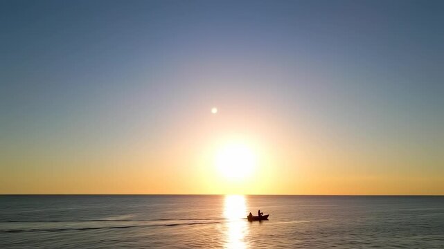 A boat on a calm sea at sunset with two people, silhouetted,  against the horizon