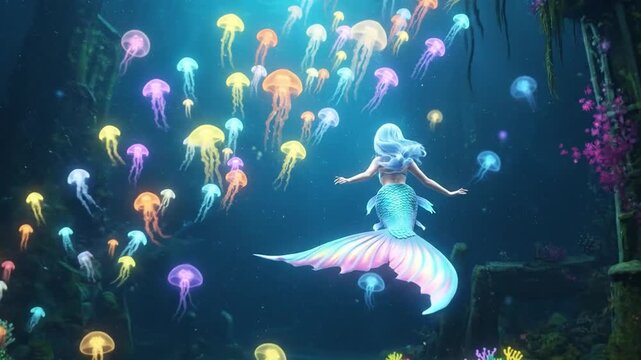 Mermaid swimming with glowing jellyfish underwater fantasy
