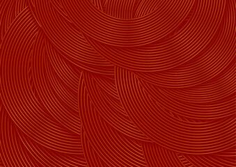 Red geometric abstract background with golden linear circles. Retro art deco vector design