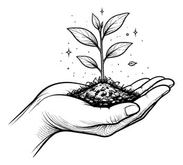 Obraz premium Hand drawn line art illustration of a hand holding a plant in soil depicting growth and sustainability for environmental concepts