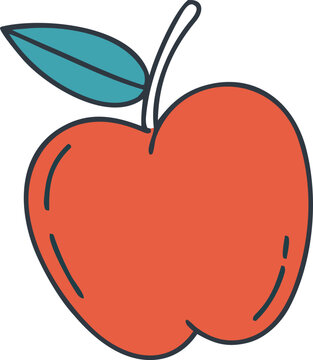 Vibrant red apple with a single green leaf