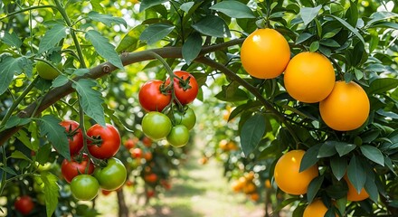 tree, fruit, orange, food, branch, plant, nature, leaf, citrus, agriculture, ripe, garden, tomato, leaves, vegetable, fresh, orchard, summer, healthy, red, organic, farm, diet, fruits, yellow